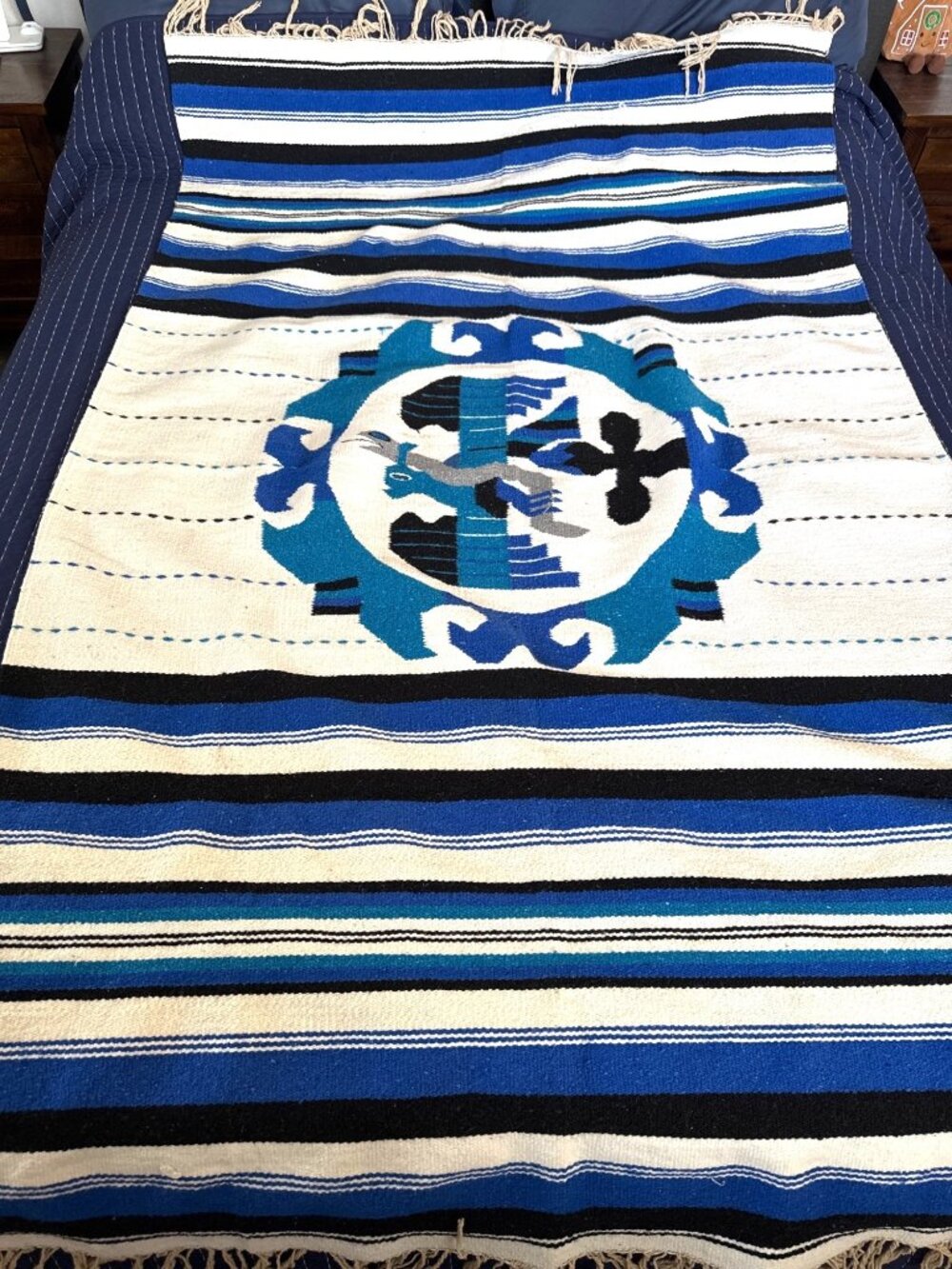 Mexican Southwest Inca Design Woven Blanket with Snake Fringe